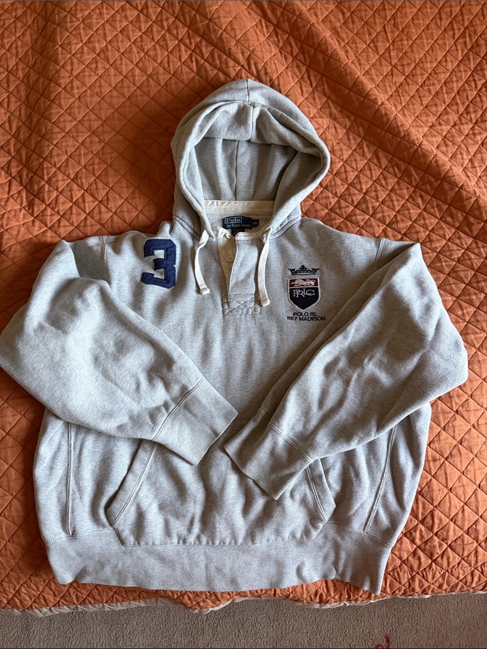 Polo by Ralph Lauren Light Gray Hooded Pullover Sweatshirt with Navy Patch
